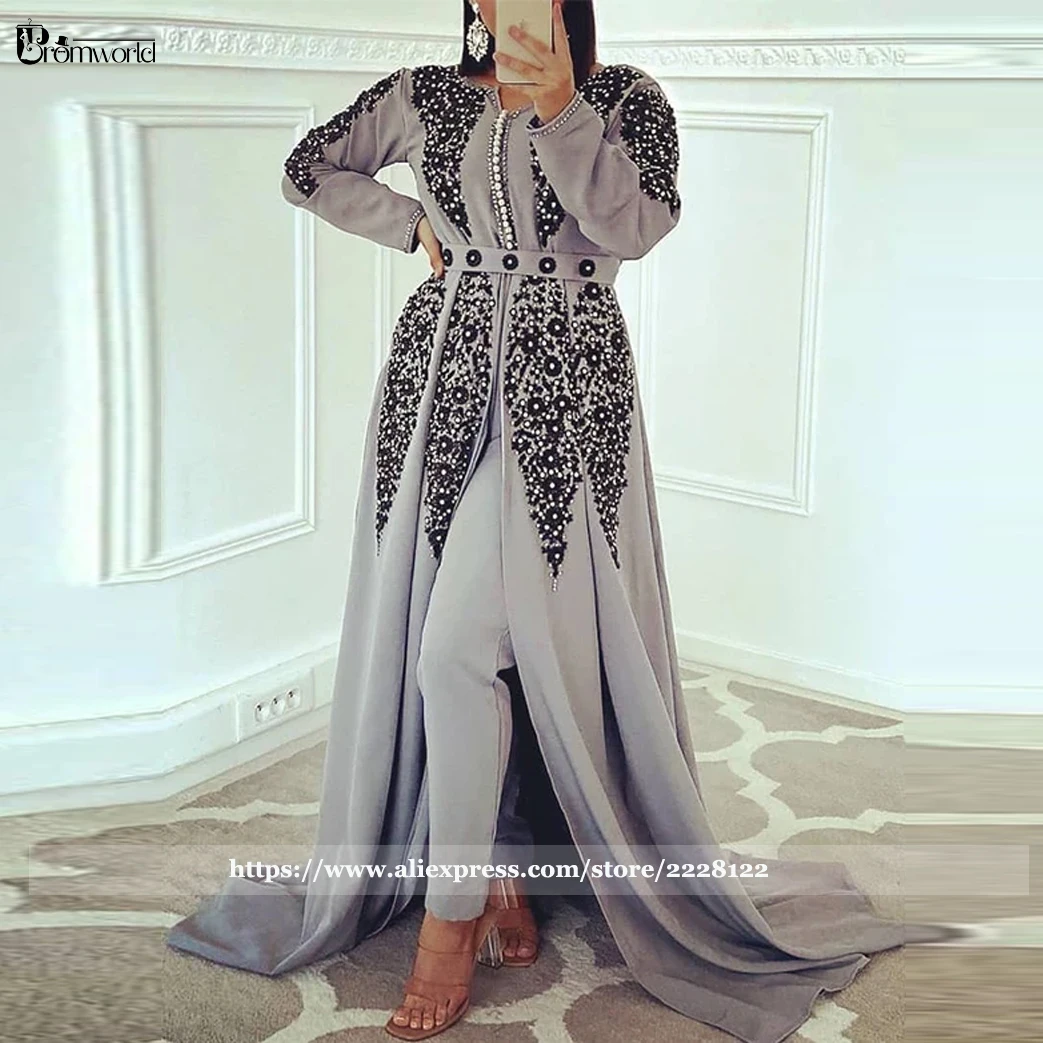 Elegant Moroccan Caftan Gray Formal Dress Women Elegant Pantsuit Beading Flowers Long Sleeves Muslim Prom Gowns Robes De Soirée