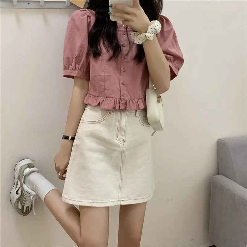 Shirt Women Design Ruffles Summer Short Sleeves Harajuku Casual Single Breasted All Match Simple Ulzzang Young Solid Retro Soft