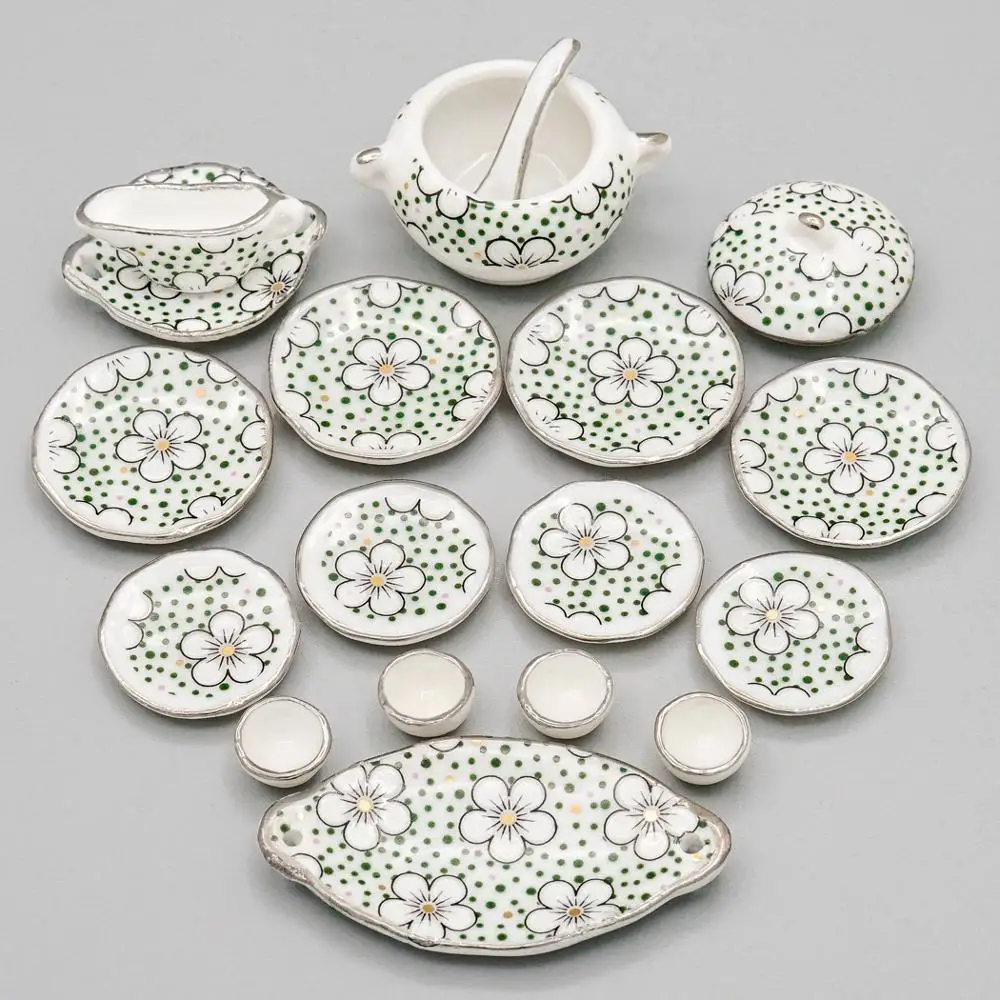 Odoria 1:12 Miniature 17PCS Porcelain Tableware Plum Blossom Tea Cup Set Kitchenware Teaware Kitchen Dollhouse Accessories Decor