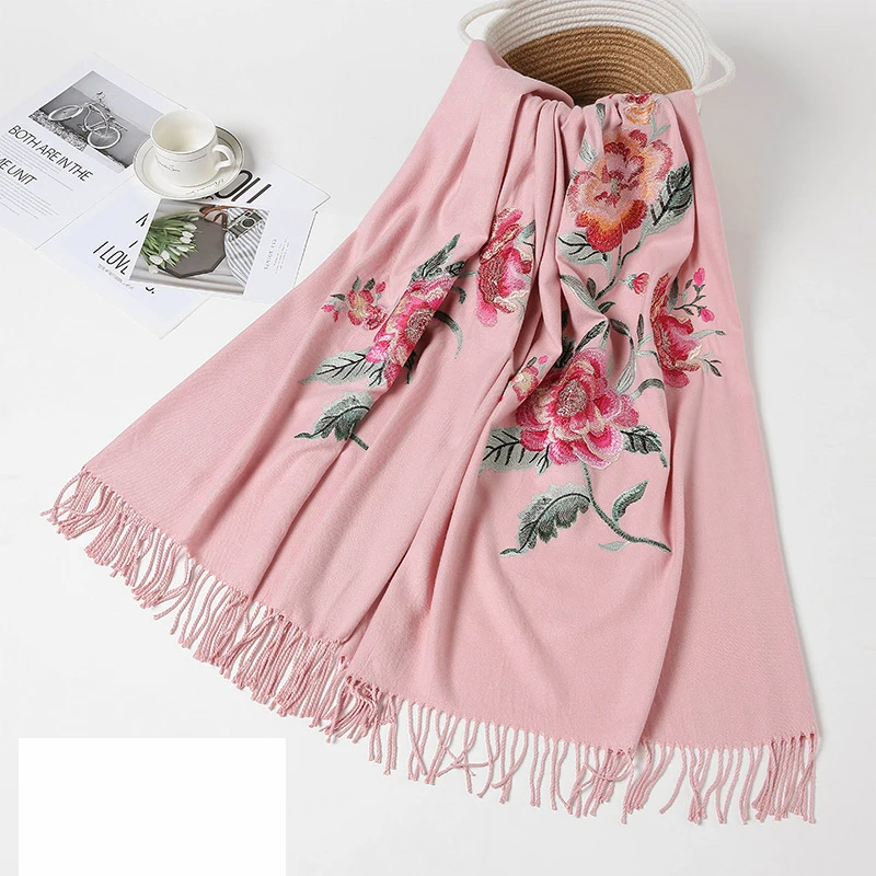 Cashmere Head Scarves Women Elegant Lady Carf And Warm Shawl Long Floral Embroider Stoles Bandana Scarf Hijab Travel Blanket