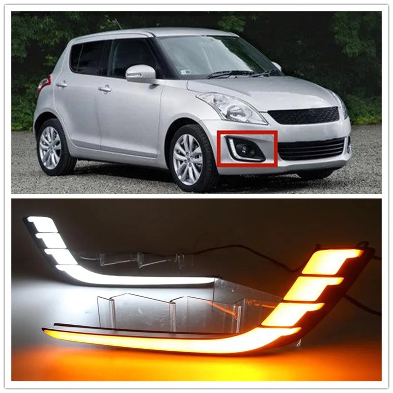 

Car Flashing LED DRL Daytime Running Lights with Yellow Turning Signal fog lamp cover fit For Suzuki Swift 2013 2014 2015 2016