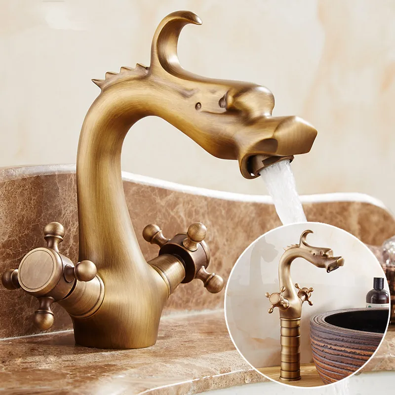 Dragon Carved Basin Faucet Antique Bronze Bathroom Vessel Sink Faucet Dual Handle Bathroom Mixer Tap Luxury Washbasin Faucet