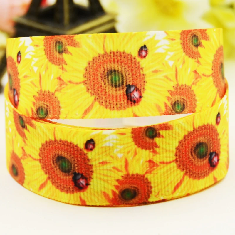 22mm 25mm 38mm 75mm Sunflower Cartoon printed Grosgrain Ribbon party decoration 10 Yards X-03402