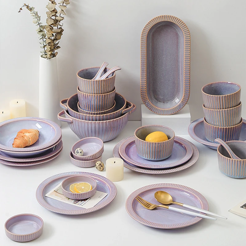 Purple Ceramic Tableware Gift 2 Spoons Vertical Stripes Fruit Salad Plate Western Food Dish Rice Bowl Mugs Microwave Dinnerware