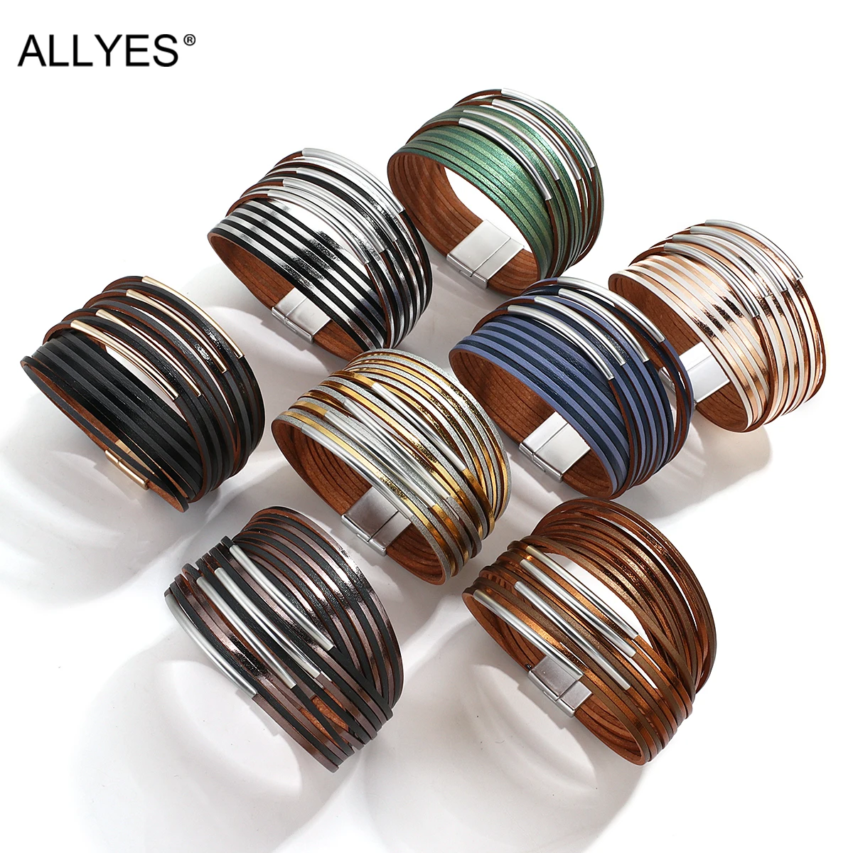 ALLYES Simple Color Slim Strip Leather Bracelet for Women Men Fashion Metal Tube Mulitlayer Wide Wrap Bracelet Female Jewelry