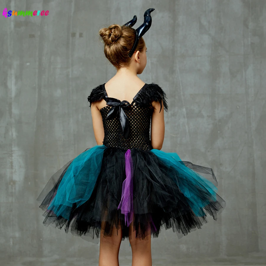 Little Devil Fancy Tutu Dress with Horns Girls Halloween Witch Cosplay Party Costume Feathers Embellished Tulle Dresses