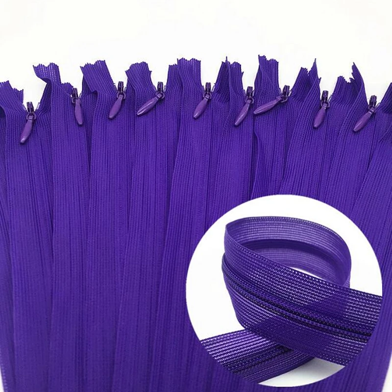 

10pcs 3# purple 28cm/30cm/40cm/50cm/60cm nylon invisible soft tulle coil Chiffon zipper sewing Silk Zippers