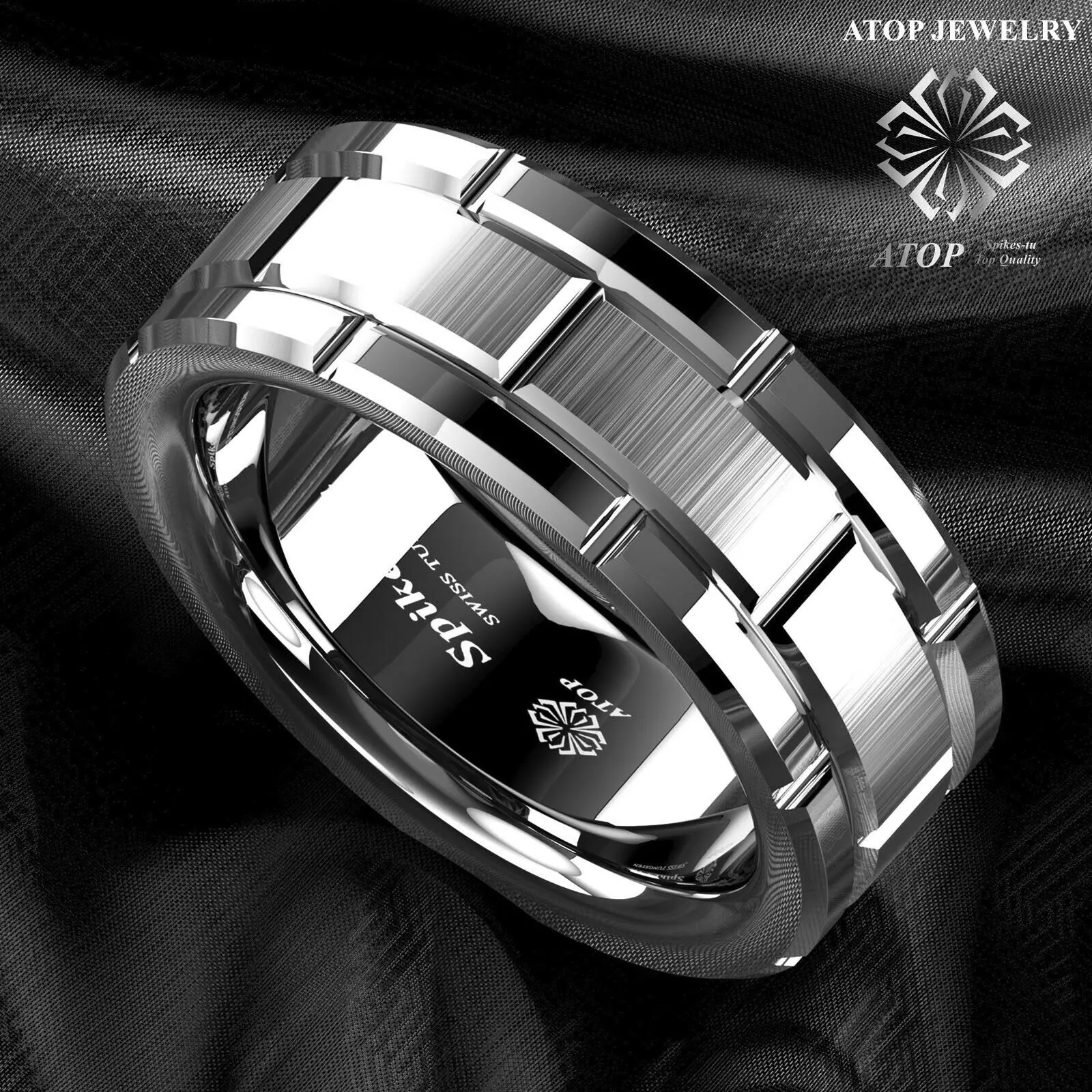 8mm Men's Tungsten Carbide Ring Silver Wedding Band Brick Pattern