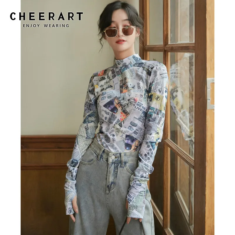 

CHEERART Y2K Newspaper Long Sleeve Backless Top Turtleneck Open Back T Shirt Women Tshirt Letter Print Tee Fall 2020 Fashion