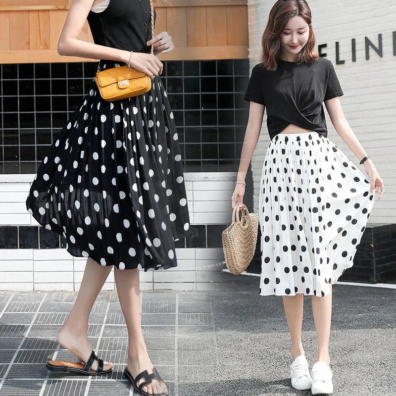 Women\'s Black Dots Chiffon Polka Skirts Vintage Classic Elegant Sweet Female Elastic Waist Pleated Beach A-Line Plus Size Chic