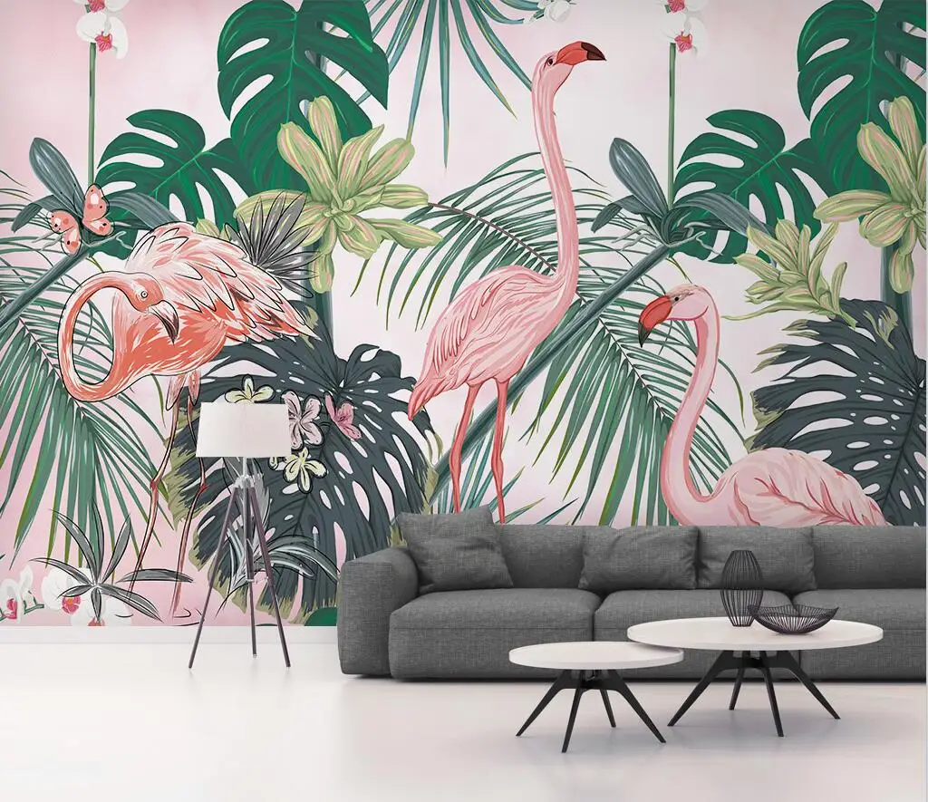

Custom size Wallpaper papel de parede leaf Floral Flamingo Background wall decoration 3d Wallpaper Living Room Bedroom murals
