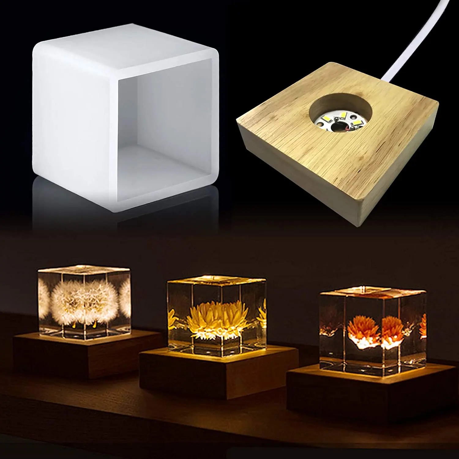 Square Christmas Tree Light Slicone Mold LED Night Light Resin Molds With Wooden Lighted Base Stand For Making Craft Xmas Gift