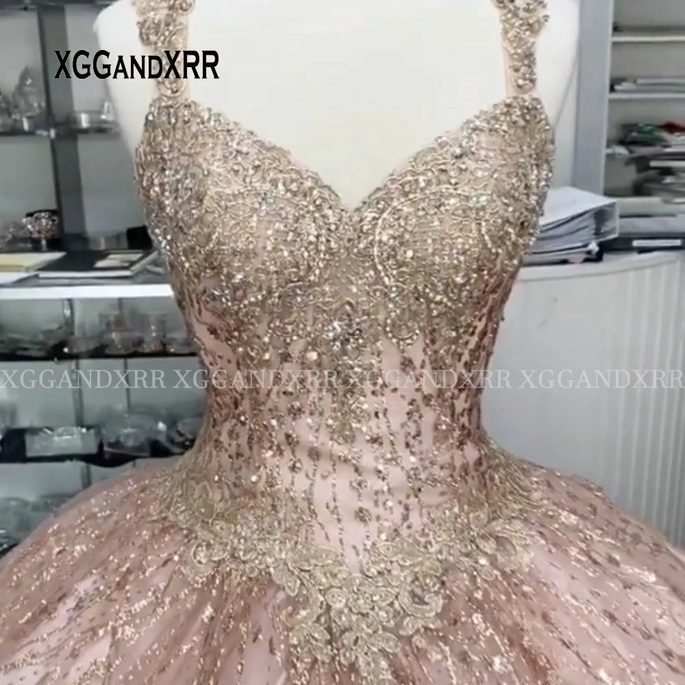 Роскошные золотые платья для Quinceanera 2022 милое блестящее кружевное платье на тонких бретельках с бусинами Aplique Sweet 15 16 Платье для дня рождения 2020