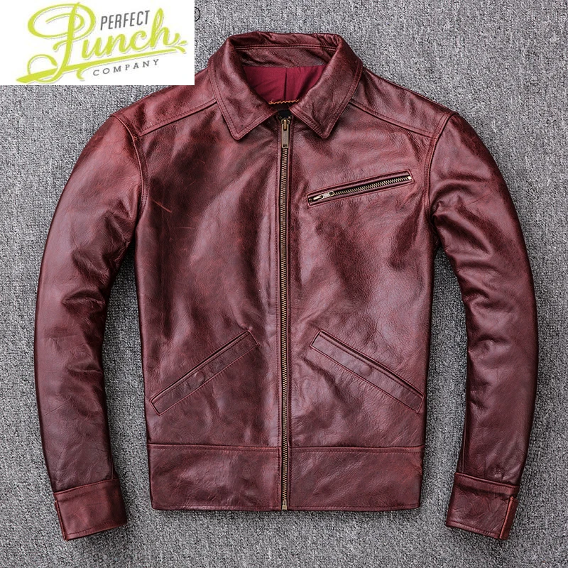 

Quality High Genuine Leather Jacket Mwn Vintage Red Motorcycle Cowhide Coat Streetwear Mens Clothing Chaquetas Hombre WPY3840