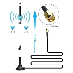 Antena WIFI de 12dbi, 2,4G/5,8G, antena de doble banda, SMA macho con Base magnética para amplificador de señal de cámara de enrutador