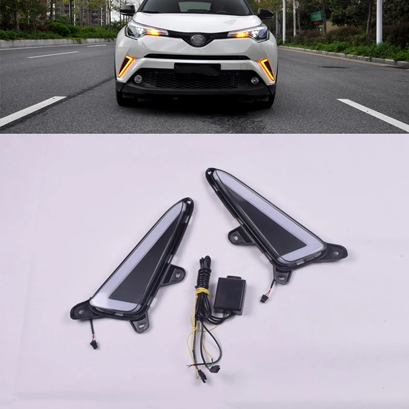 

2Piece Car DRL LED Daytime Running Light Daylight Yellow turn Signal Relay Waterproof ABS Fog Lamp For Toyota C-HR CHR 2016~2020