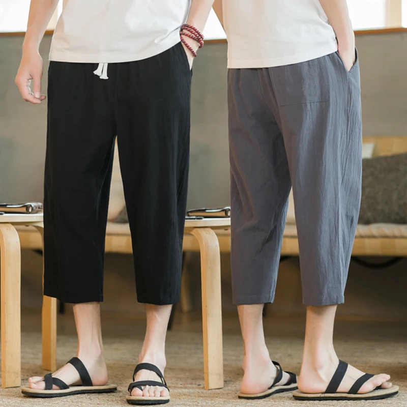 Fashion Casual Pants Mens Linen Loose Pants Korean Style Trend Nine-point Straight Trousers Breathable and comfortable 6Colors