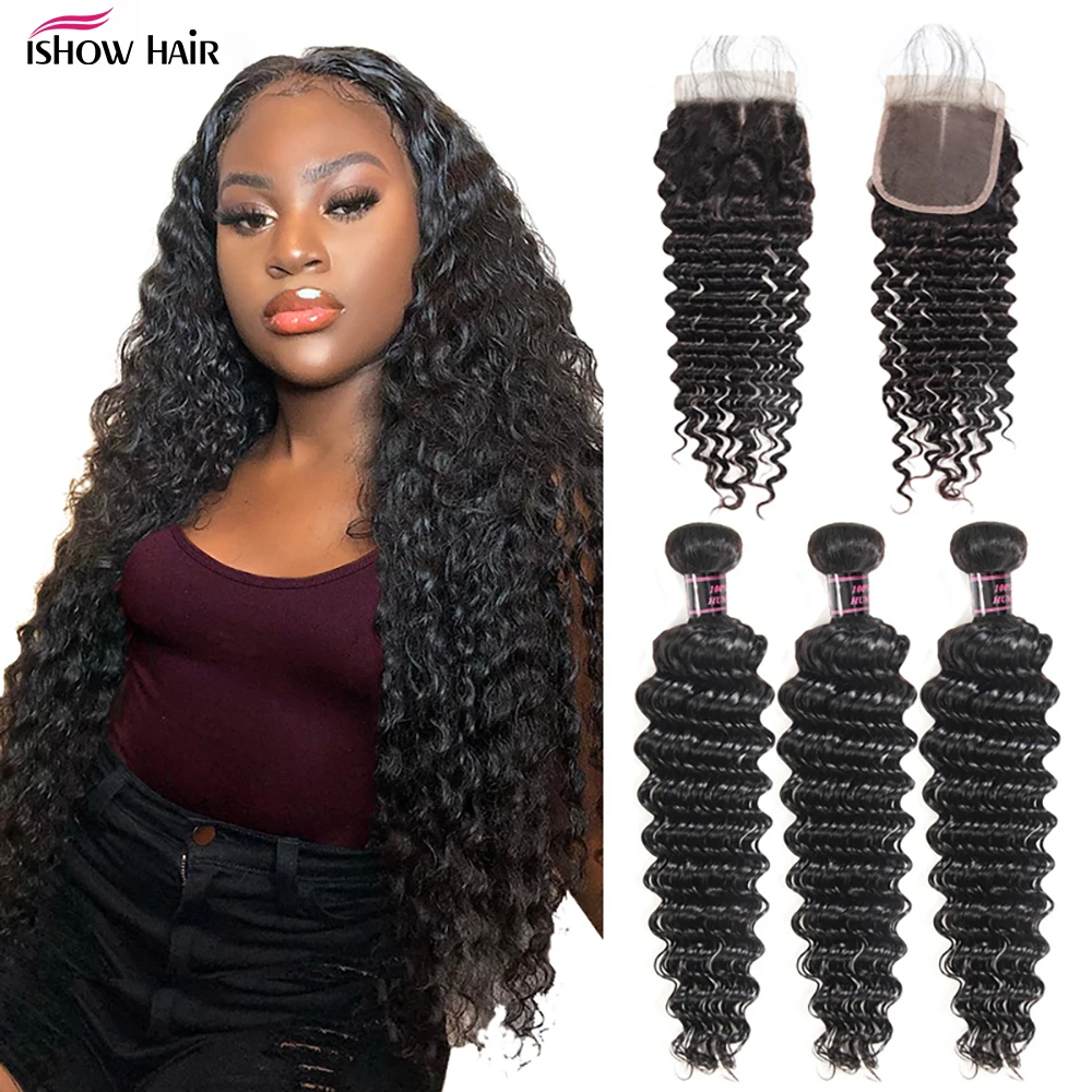 Mèches Deep Wave brésiliennes naturelles Remy – Ishow, 4x4, avec Lace Closure, Extension de cheveux, avec Closure, lots de 3/4, pour femmes