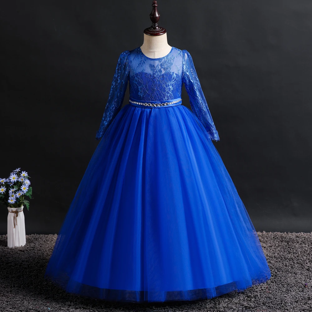 

Four Seasons High Quality Kids Prom Party Dress Waist Diamond Design Breathable Girl 10 Years Old Lace Long Sleeve Clothing