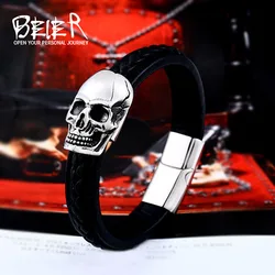 Beier 316L Stainless Steel Men's High Quality Leather Skull Bracelet Punk Biker Fashion Gift LLBC-L023L