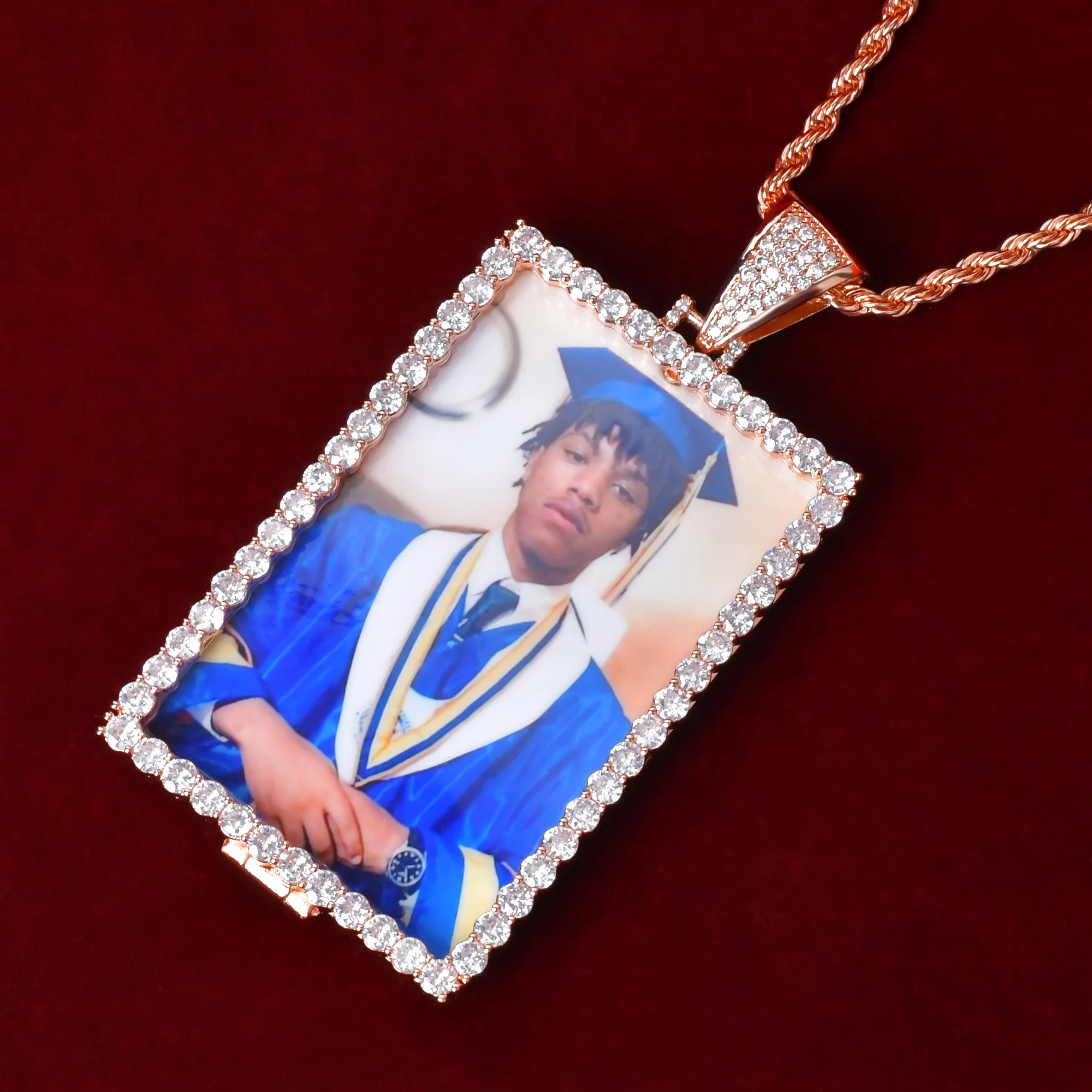 Aokaishen-Colar fotográfico personalizado gelado para homens, medalhão personalizado, pingente retangular, zircão cúbico, joias de hip hop