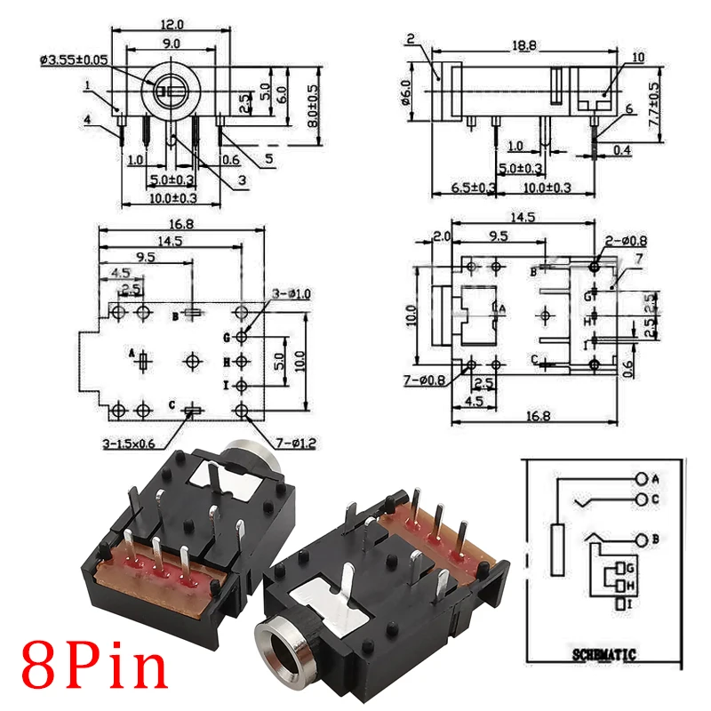 10Pcs PJ-307 3.5mm Stereo Audio Jack Socket Connector 5P/8P/11Pin 3.5mm Dual Channel Audio Headphone Jack Connector With Switch