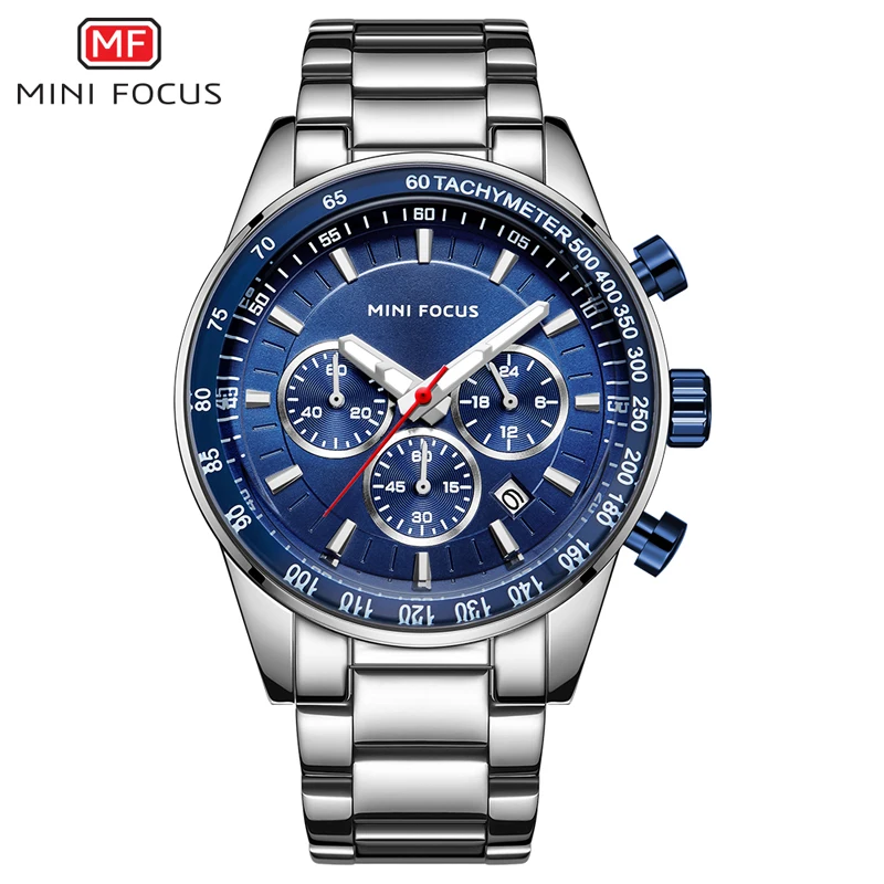 MINI FOCUS Stainless Steel Business Watches Men Luxury Chronograph Quartz Watch Top Brand Sport Wristwatch Relogios 0187 Blue