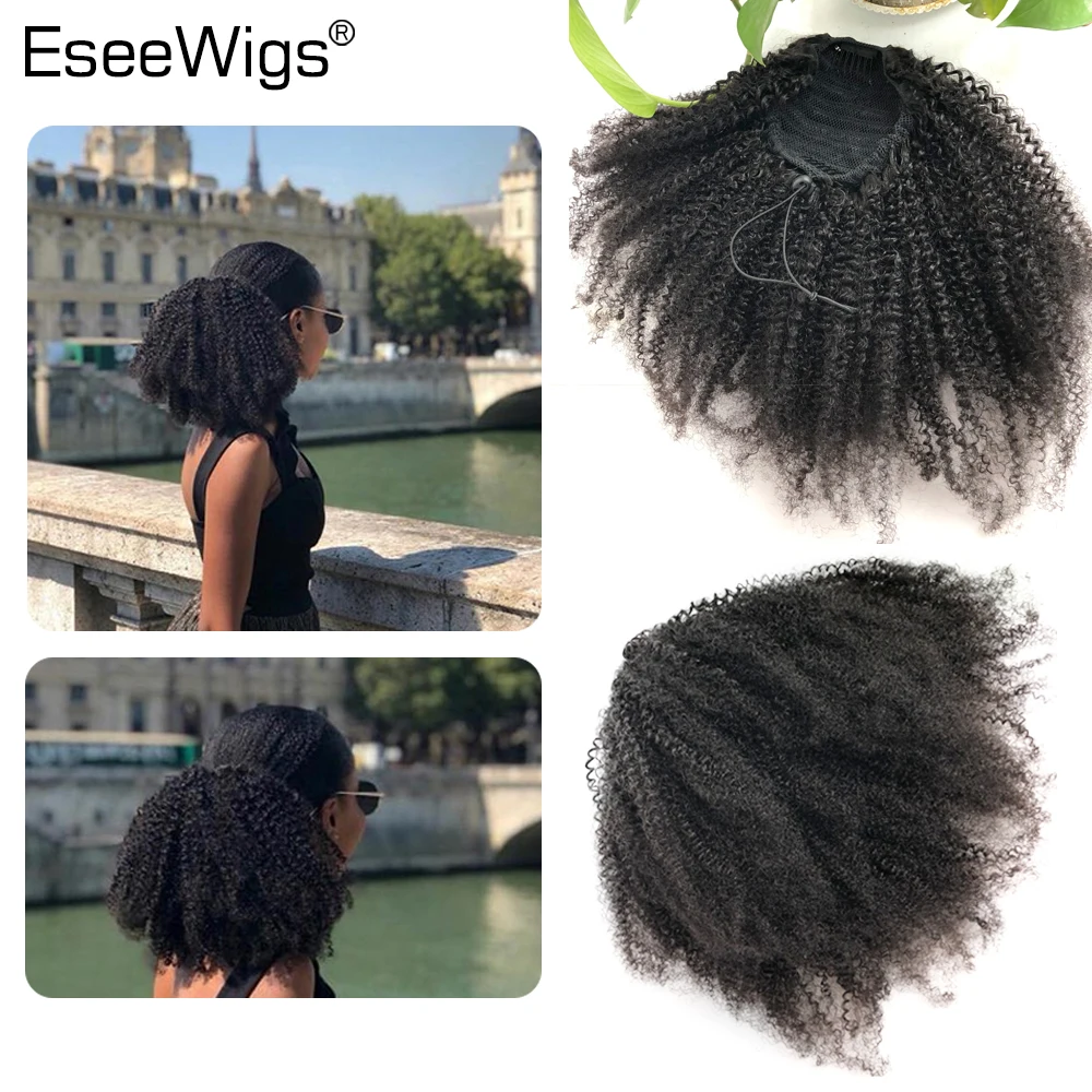 Eseewigs Human Hair Ponytail  Afro Kinky Curly For Women Natural Color Remy Hair 1 Piece Clip In Drawstring 4B 4C Ponytails