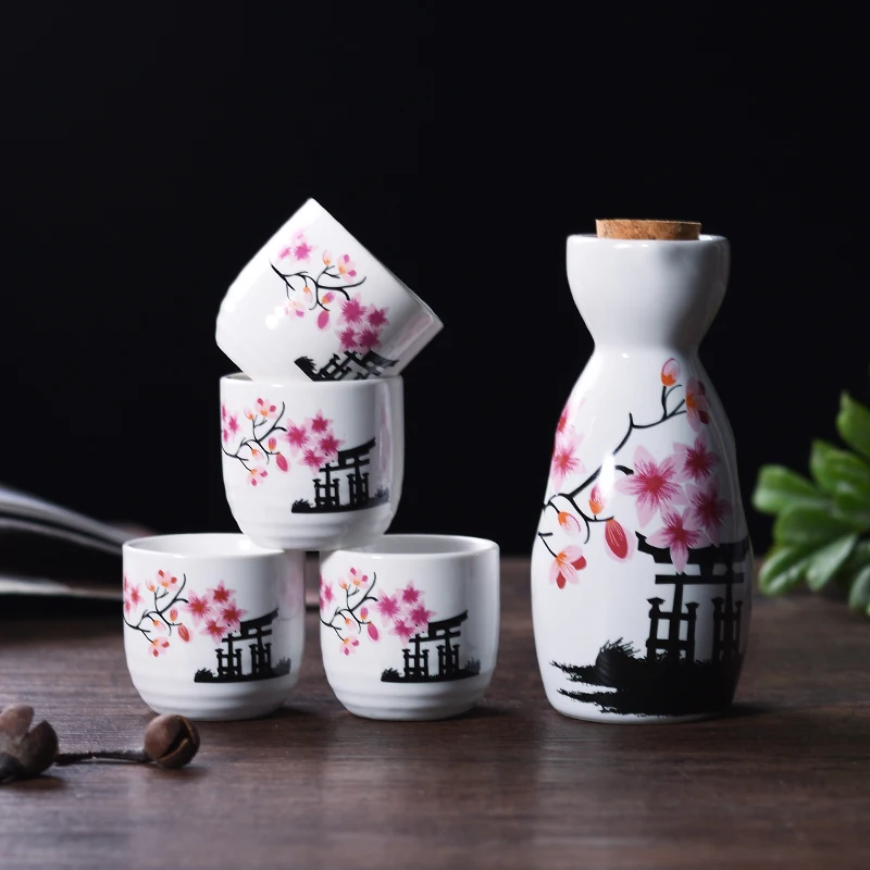 Sakura Pattern Japanese Sake Sets Wine Bottle Cups Sets for Bar Ceramic Drinkware Tea Set Cup Kungfu Tea Set Tea Pot Set