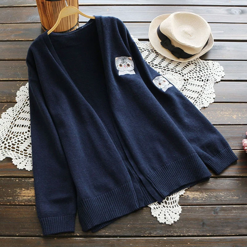 Mori Girl Women Casual Sweet Navy Blue Color Full Sleeved Loose Cartoon Cat Embroidery Sweater Female Kawaii Cardigan U636