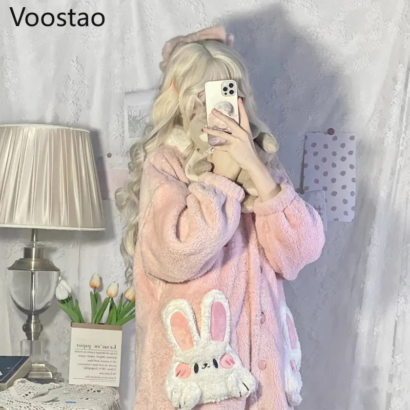 Autumn Winter Women Sweet Lolita Coral Fleece Pajamas Dress Cute Cartoon Rabbit Ears Hooded Homewear Robes Girls Plush Nightgown