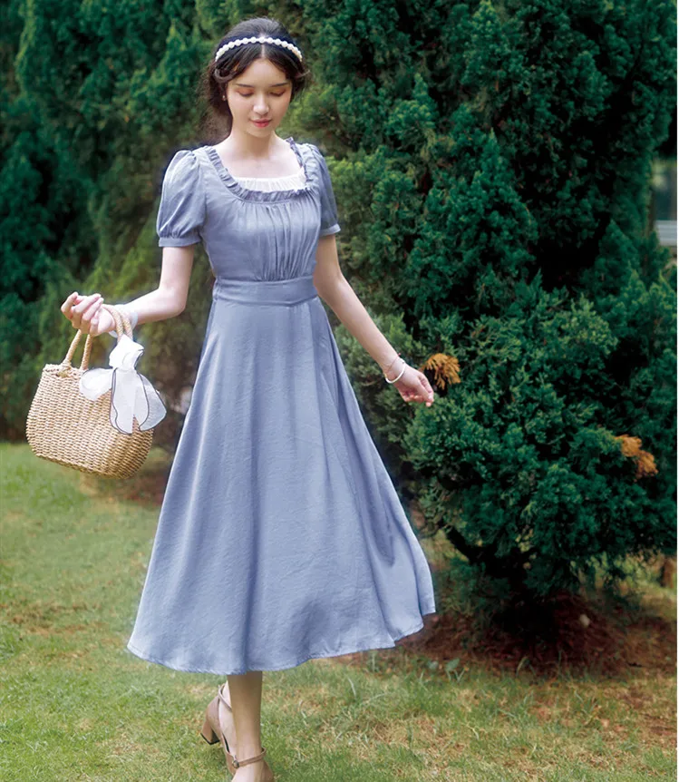

Women Summer Elegant Vintage Blue Chiffon Long Ladies Retro Fresh Sweet Lolita Casual Formal Midi Dress ropa mujer