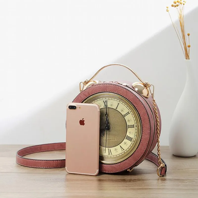 New Vintage Real Alarm Clock Women Shoulder Bag Women Casual Tote Bags High Quality Chain Women Circular Crossbody Bag