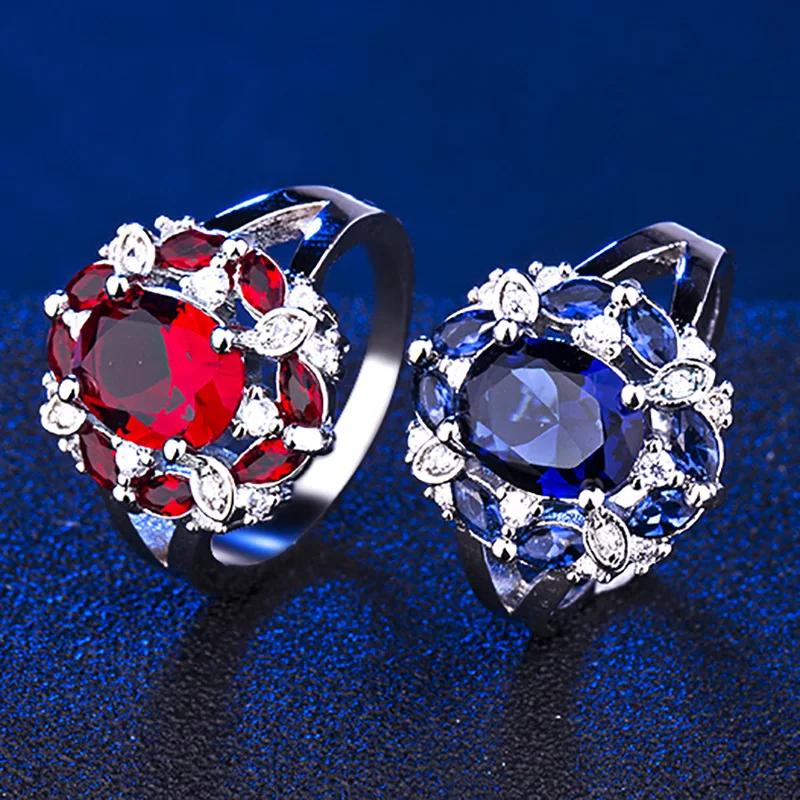 Cellacity Silver  ring for charm female  luxury  designer ruby finger ring Sapphire Aquamarine women fine Jewelry Size 6-10