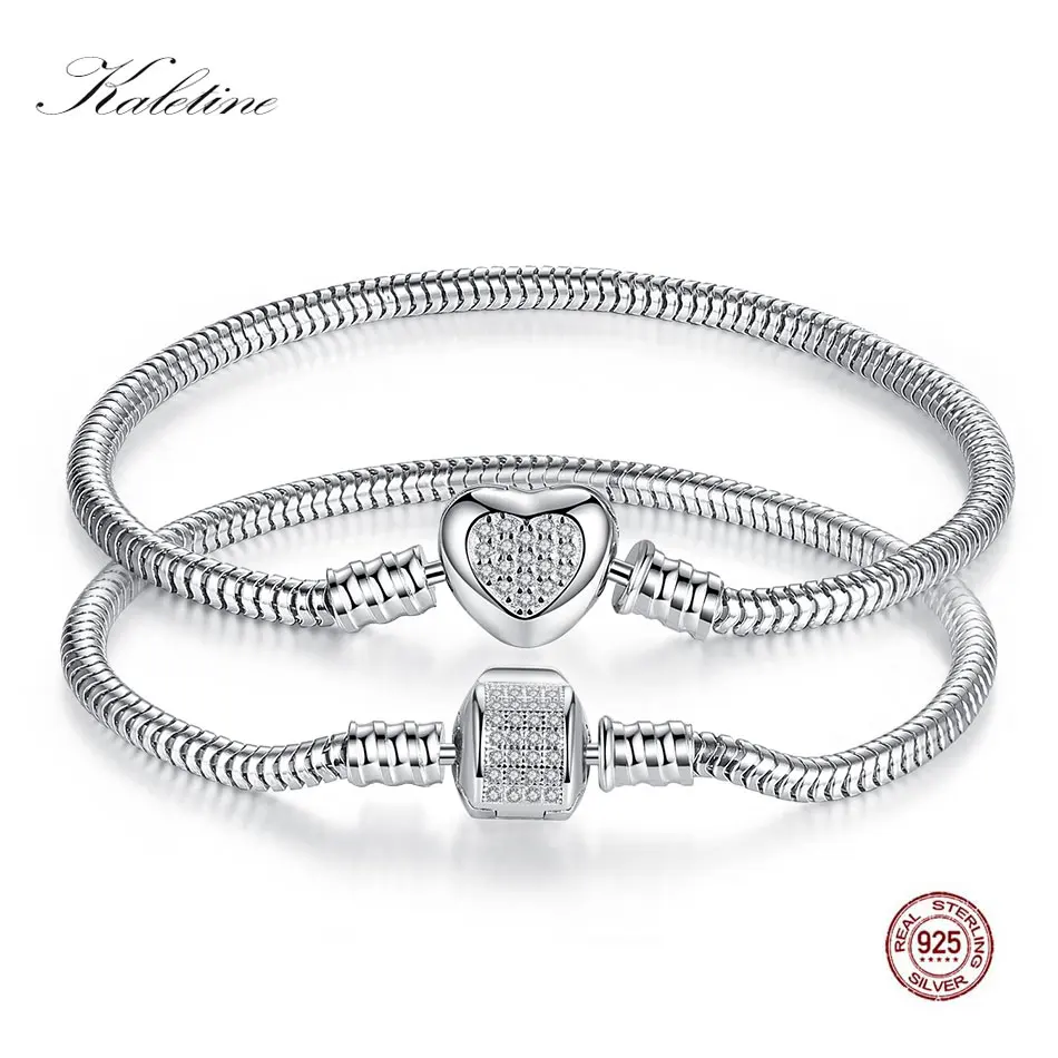 

KALETINE Charms Original 925 Sterling Silver Bracelets For Women Heart Love Snake Chain Bead Snap Jewelry Bangle & Bracelet 18CM