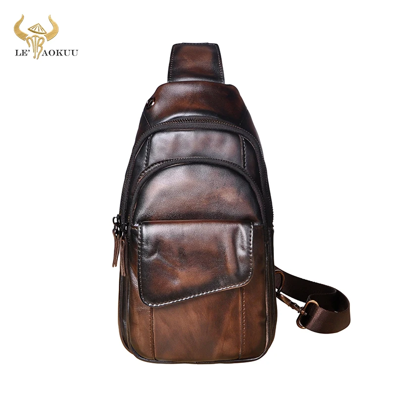 Genuine Cow Leather Men Coffee Fashion Travel Triangle Chest Sling Bag Design 8