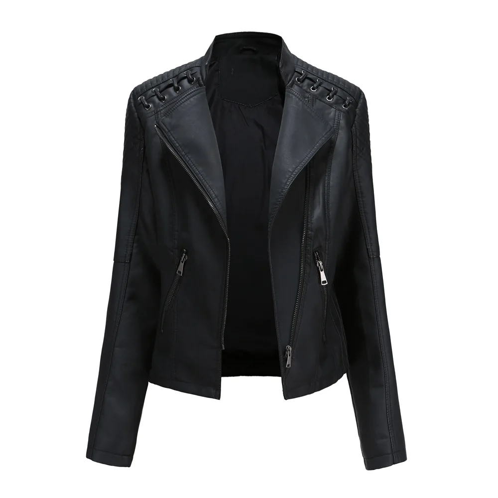 2023Spring Autumn Ladies Motorcycle Leather Jackets Women Turn-down Collar Zipper Slim Black Moto & Biker Jacket Female Leather