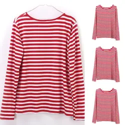 Women girls Red Striped Casual Autumn T-shirt  fashion Loose Long Sleeve Summer Spring Basic Inner Tops