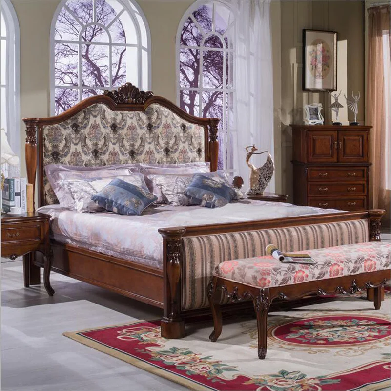 

modern european solid wood bed 2 people Fashion Carved fabric french bedroom furniture p10294