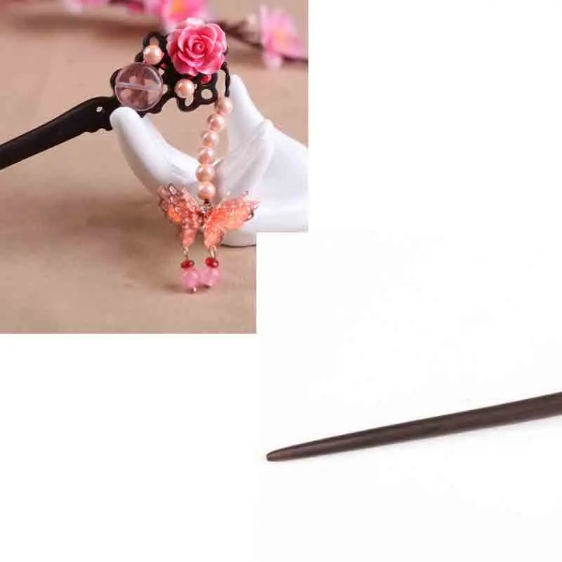 Kanzashi Hair Stick Elegant Bun Holder Black Wood Ebony Pearl Tassel Chinese Japanese Kimono Yukata Accessories HS014