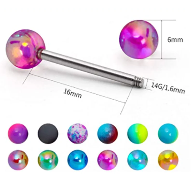 6PCS Edelstahl Glorious Zunge Ring Groß 14G Nippel Piercing Bar Lot Glitter Zunge Piercing Set Barbell Piercing schmuck – Detail 3