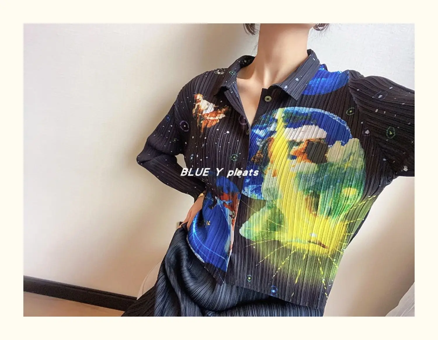 HOT SELLING pleated handmade turndown collar shirt fish scale single breasted Planet Electric Blue print shirt IN STOCK