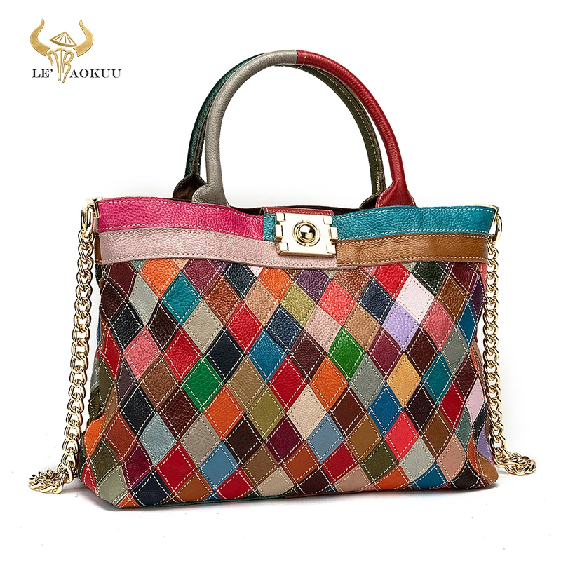 Top Quality Leather Women\'s Fashion Colorful Random Spliced Over Shoulder Tote bag Patchwork Geometric Female Purse Handbag 598