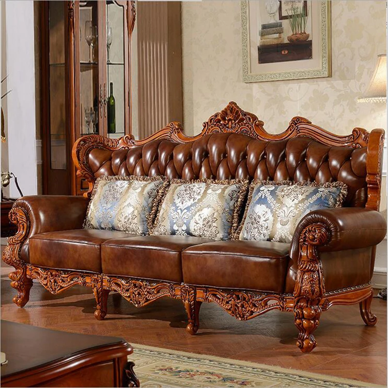 high quality  European  antique living room sofa furniture genuine leather set o1034