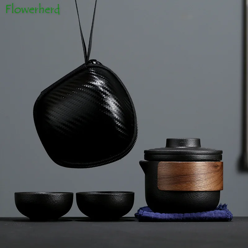 Ceramic Travel Kung Fu Tea Set Teaware One Teapot and Two Cups Outdoor Quick-pass Cup Portable Storage Bag Tea Pot and Cup Set