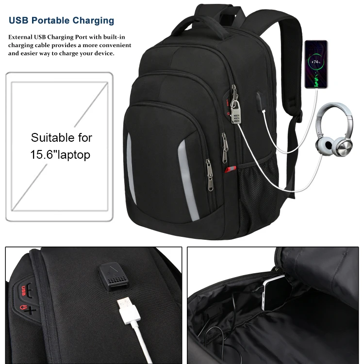 XQXA Men 17 Inches Laptop Bag Unisex Travel Rucksack Scholl Backpack For Teenagers USB Charging & Anti-theft Lock Color Black