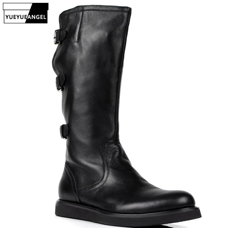 Italian Designer Mens Knee High Boots Personality Buckle Motorcycle Biker Footwear Genuine Leather Flats Knight Boots  Shoes