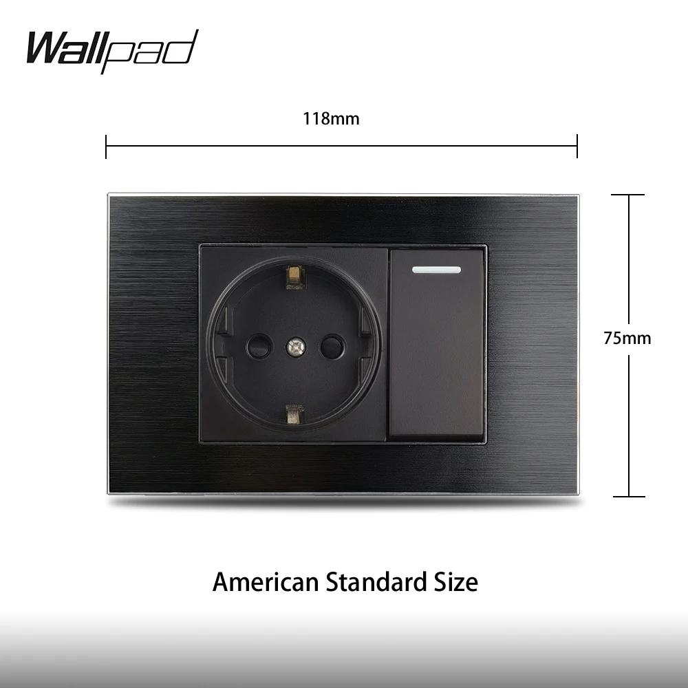 118*72mm 1 Gang Switch and EU Wall Socket Wallpad L3 Black Aluminum Panel 1 Gang On Off Light Switch and German Outlet