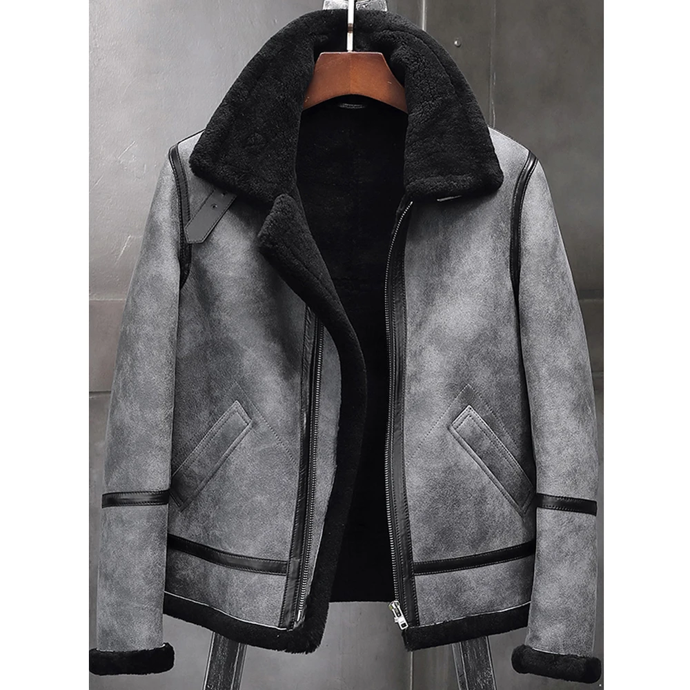 

B3 Shearling Jacket Sheepskin Coat Mens Gray Fur Coat Leather Jacket Motorcycle Jacket Mens Winter Coats