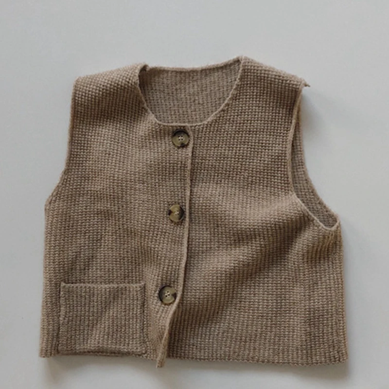 Baby Boys Girls Sleeveless Knitting Cardigan Spring Autumn Kids Retro Pocket Vest Children\'s Knitted Button Vest Cardigan